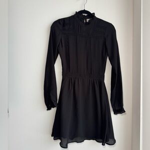 twik Black Long-Sleeve Ruffle Neck A-Line Dress